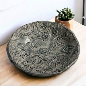 Handmade Textured Gray Ceramic Dish Boho Artisan Plate Bowl Bird Design signed